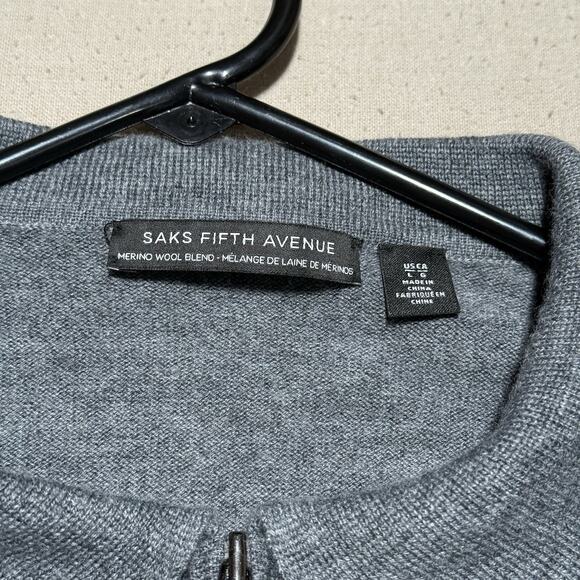 Saks Fifth Avenue Men’s Large Gray Merino Wool Blend Full Zip Knit Polo Sweater - Picture 5 of 9